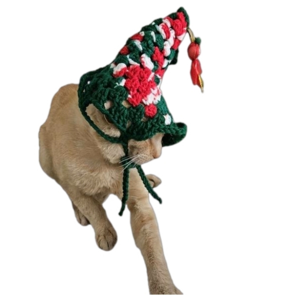 Handmade Crochet Santa Hat for Medium to Large Pets Christmas Dog or Cat Costume - Picture 7 of 17